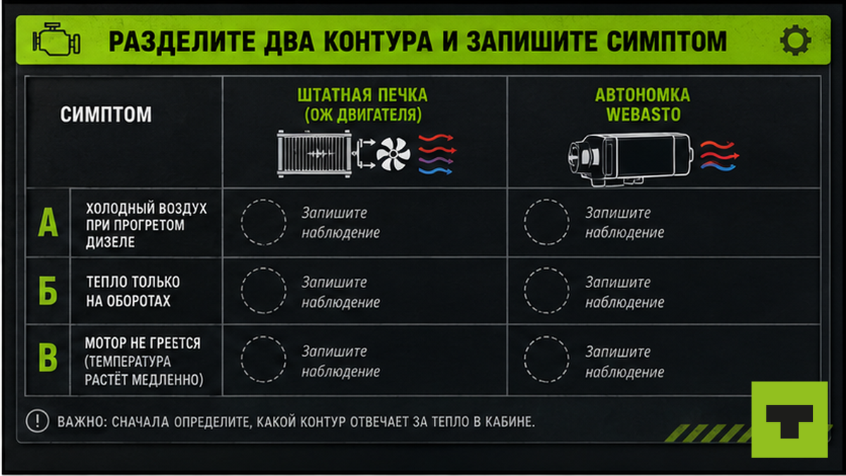 Таблица: штатная печка и автономка — три симптома для записи в кабине