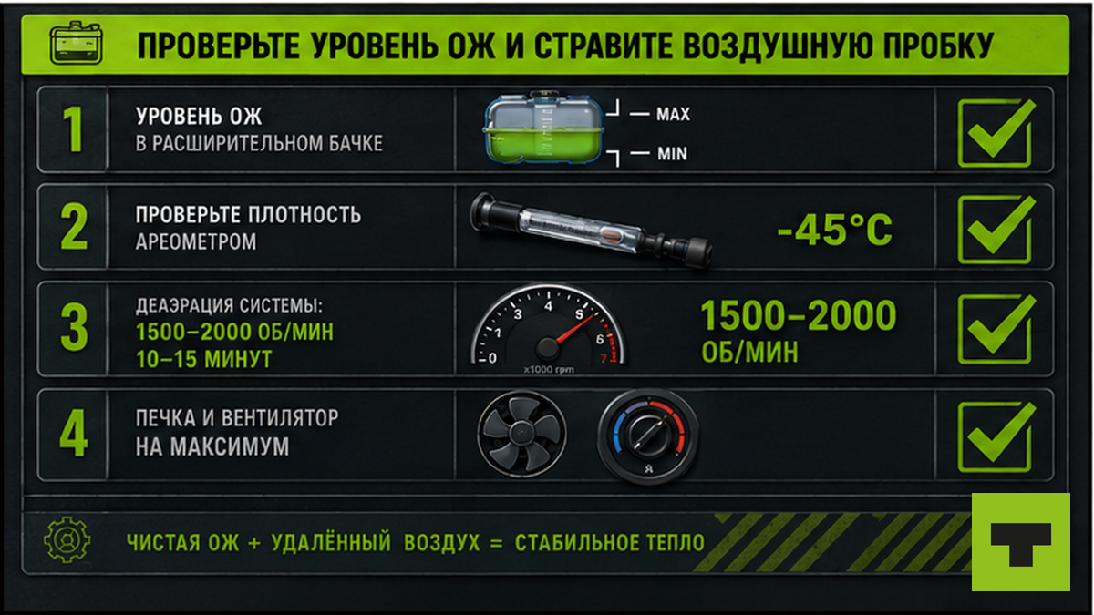 Чеклист проверки антифриза и стравливания воздушной пробки в системе отопления