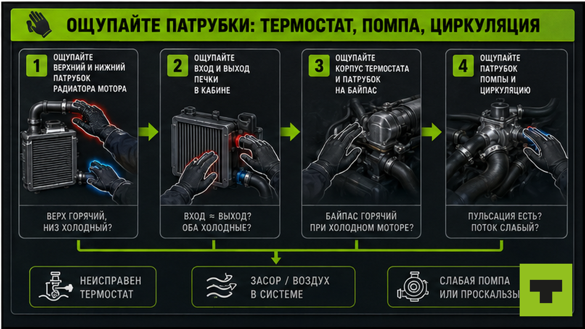 Схема диагностики по ощупыванию патрубков: термостат, помпа, циркуляция ОЖ