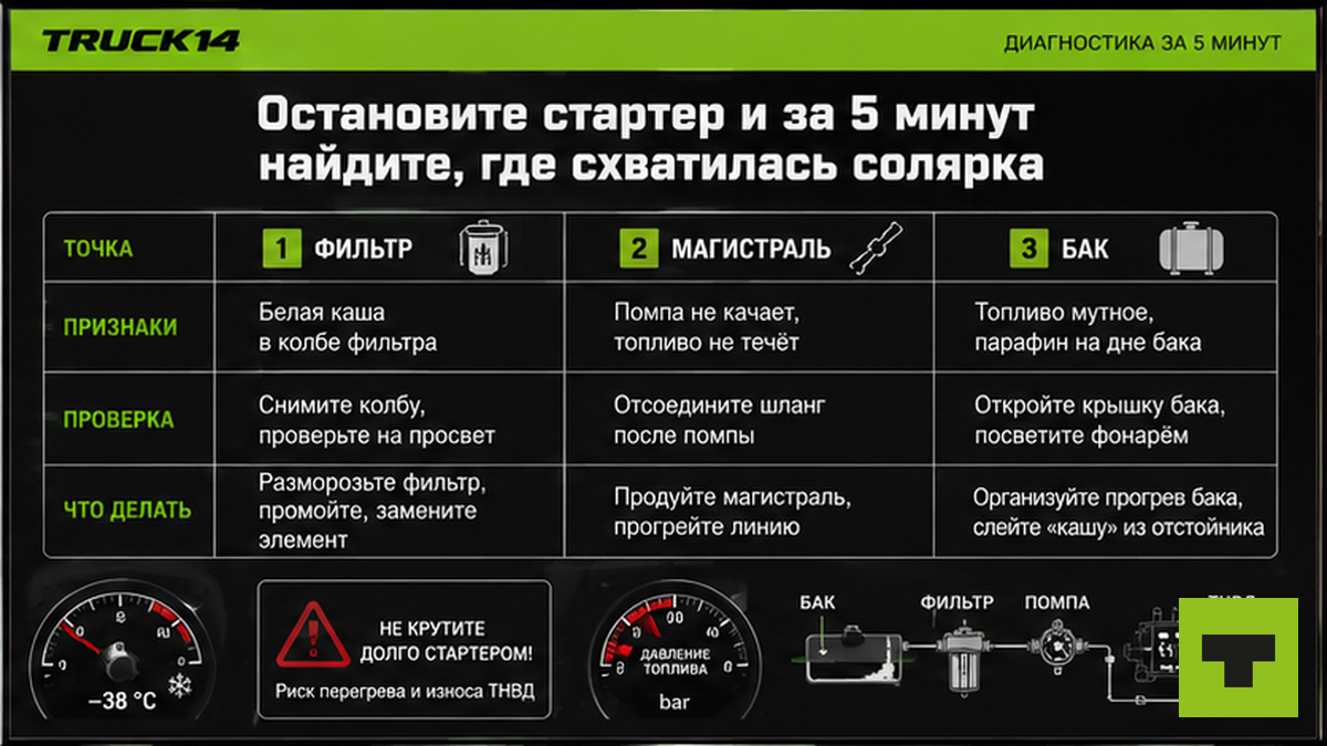 Таблица диагностики: где схватилась солярка — фильтр, магистраль или бак