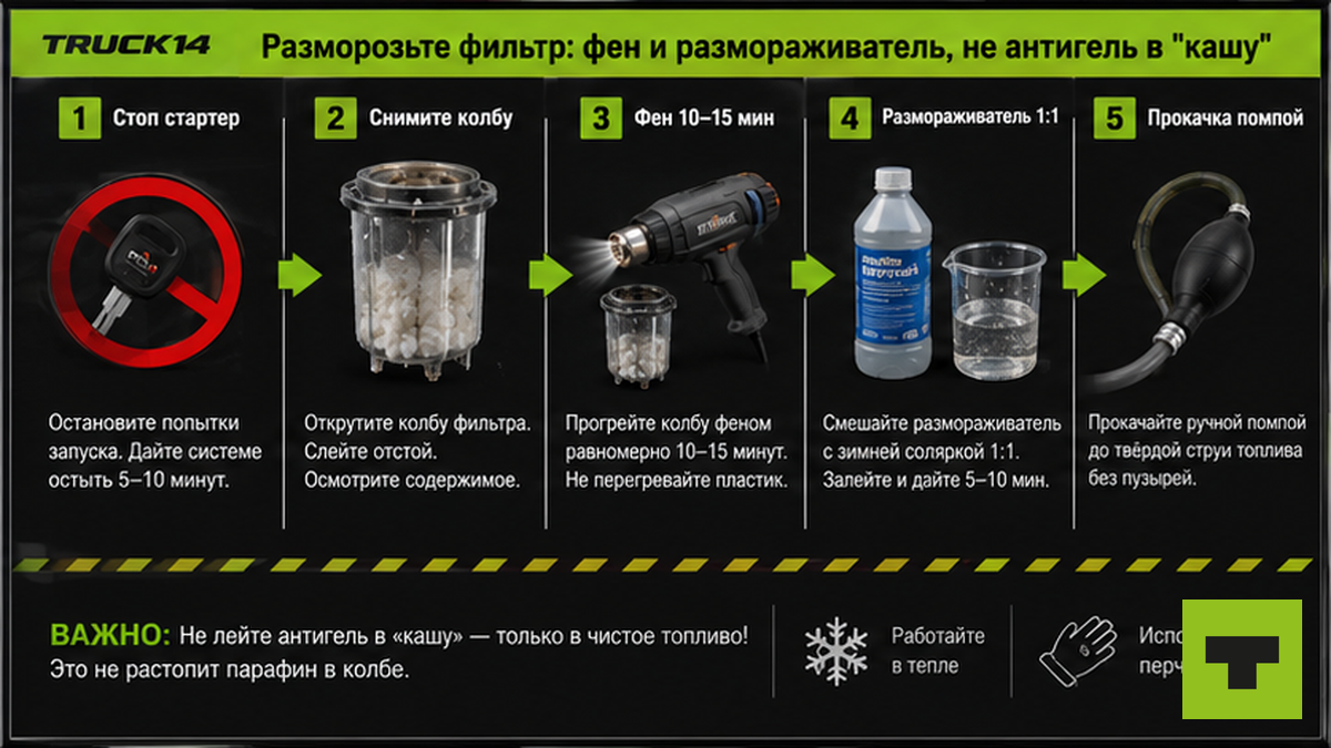 Схема разморозки топливного фильтра: фен, размораживатель и прокачка