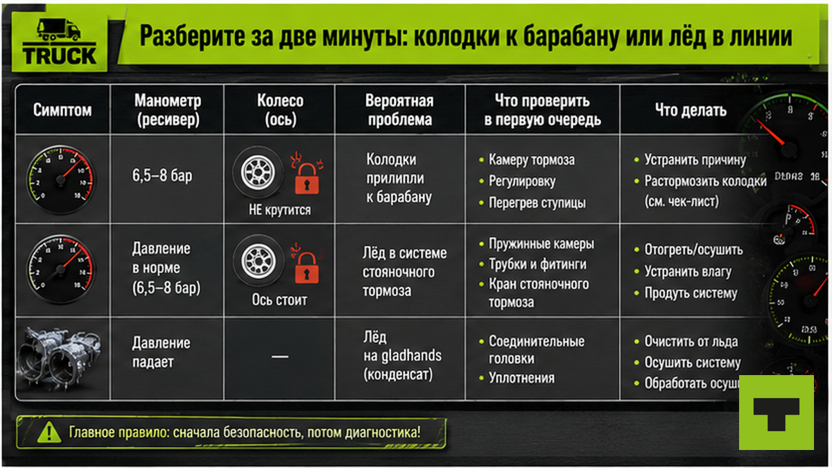 Таблица диагностики: отличить примерзшие колодки от льда в пневмолинии за две минуты