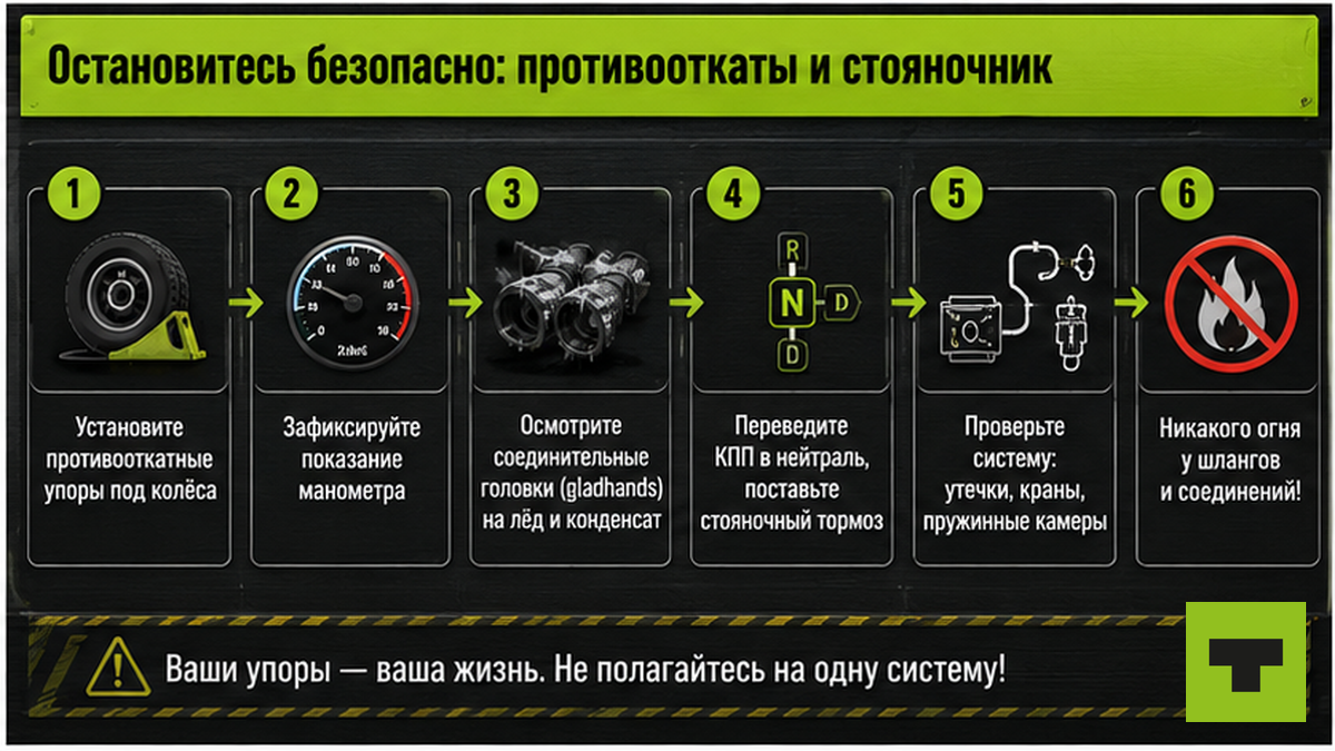 Workflow безопасной остановки грузовика: противооткаты, стояночник и проверка давления