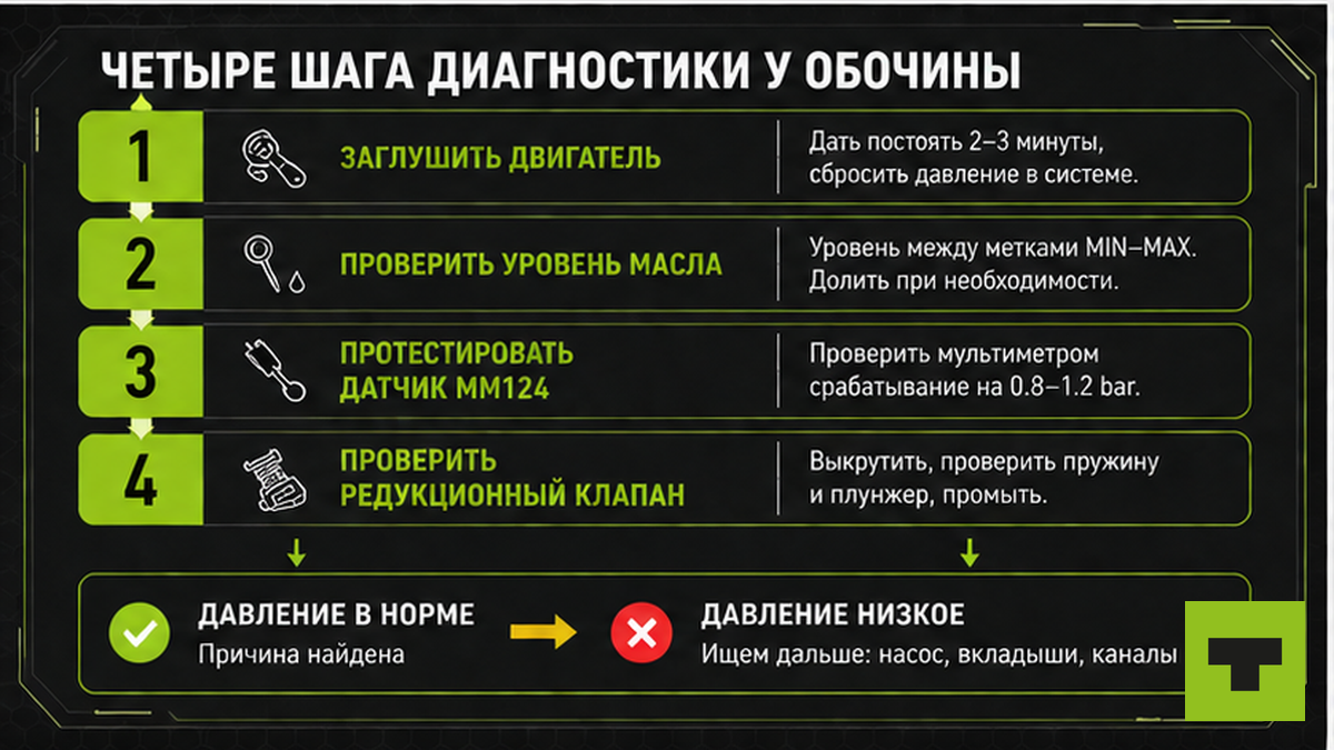Четыре шага диагностики давления масла КАМАЗ у обочины: заглушить, проверить уровень, тест датчика, клапан