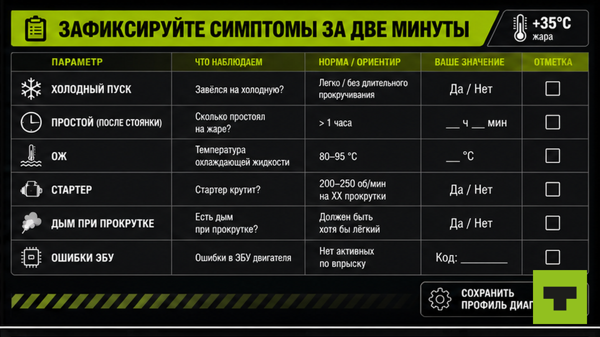 Таблица симптомов горячего пуска дизеля: холодный пуск, простой, температура, стартер, дым, ошибки