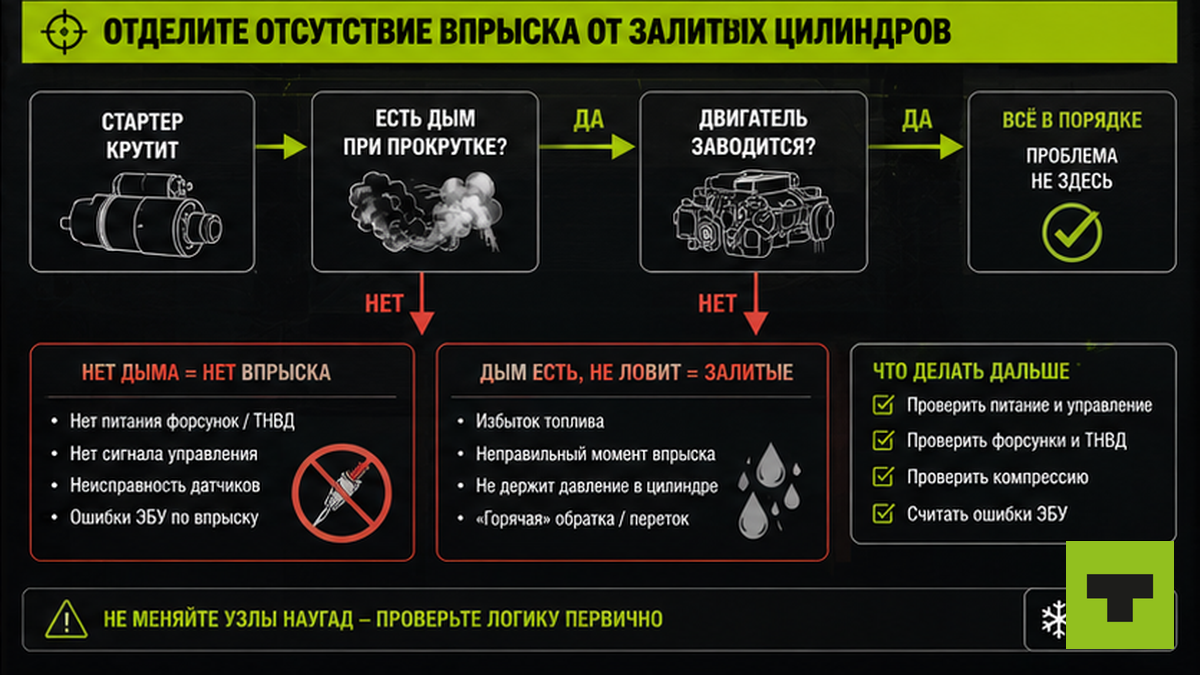 Схема: как отличить отсутствие впрыска от залитых цилиндров по дыму при пуске