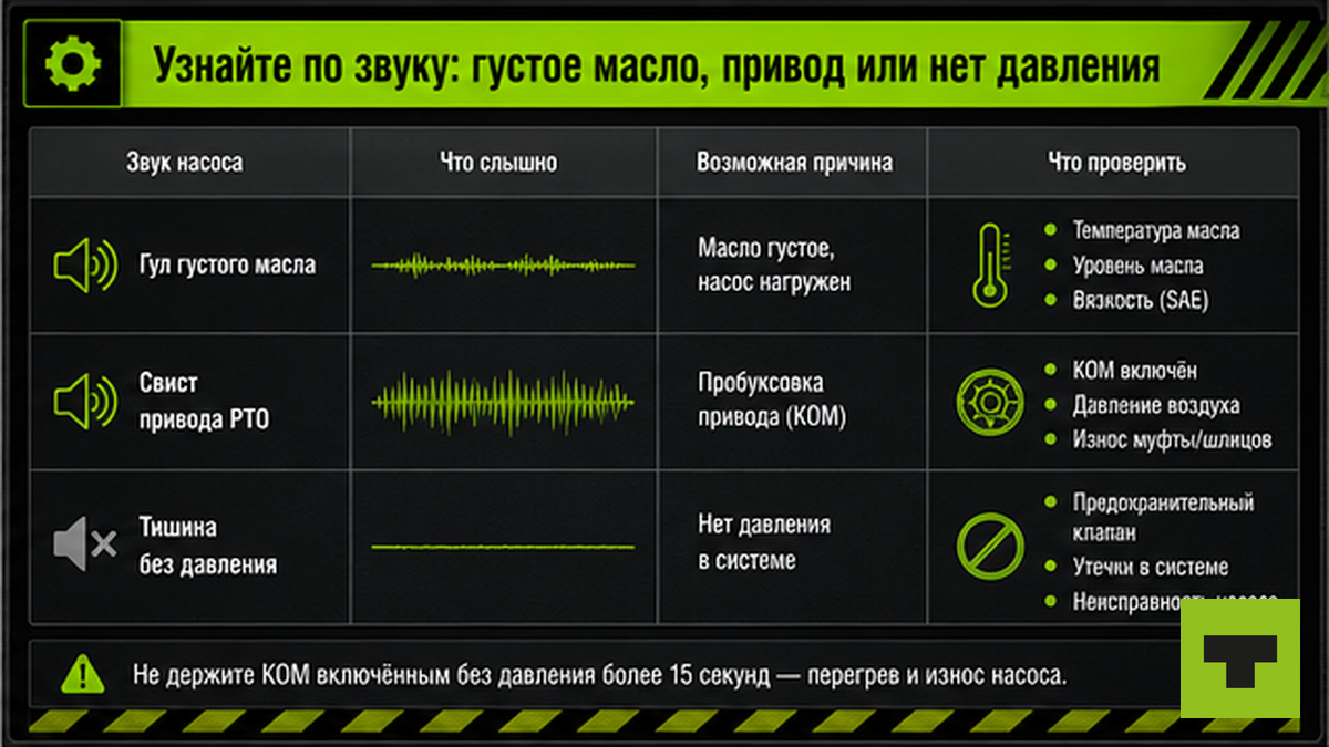 Таблица диагностики по звуку гидронасоса: густое масло, привод, отсутствие давления