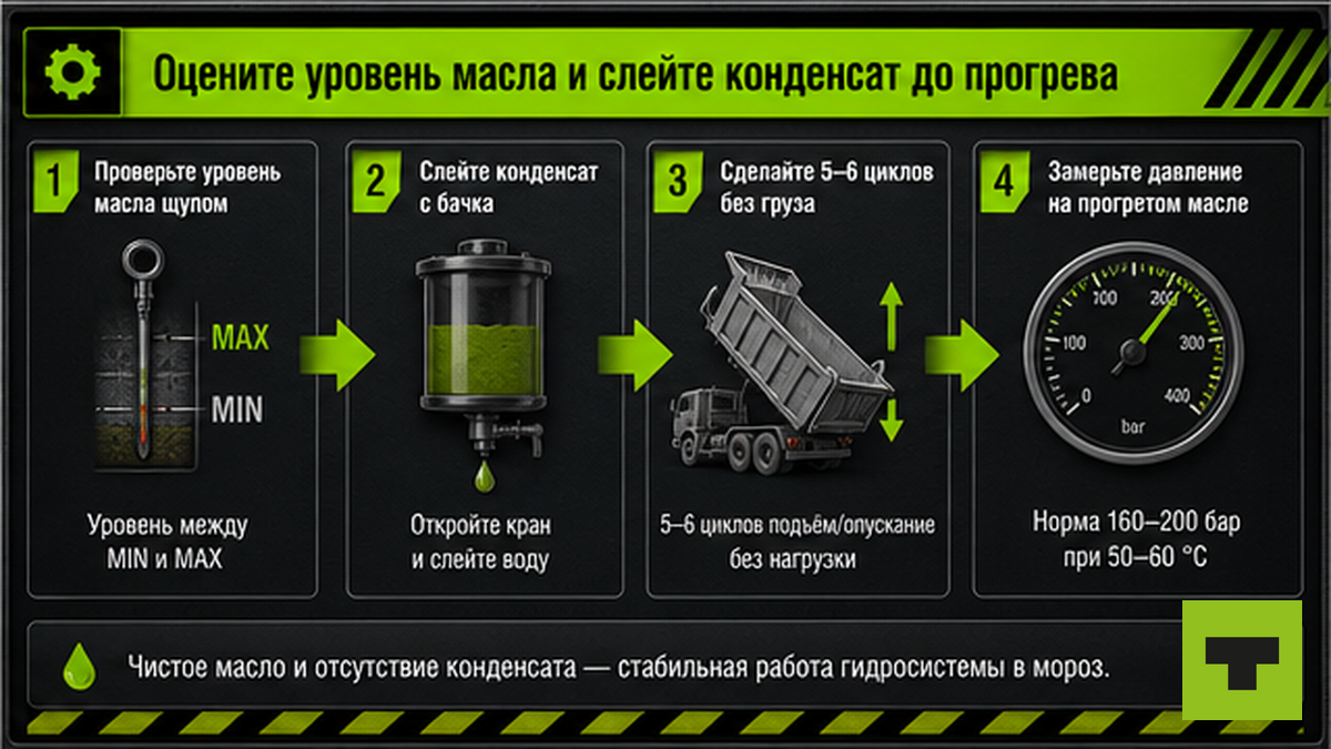 Схема: уровень масла, слив конденсата и прогрев гидравлики циклами