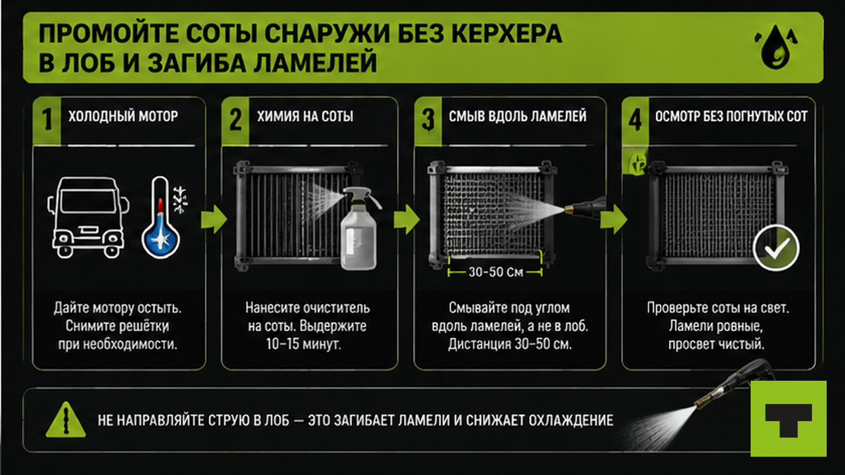Схема безопасной наружной промывки сот радиатора без погиба ламелей