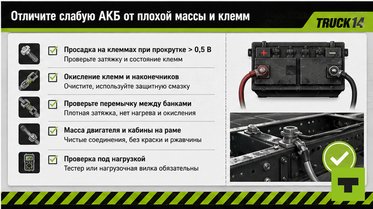 Чеклист: отличить слабую АКБ от плохих клемм и массы на грузовике