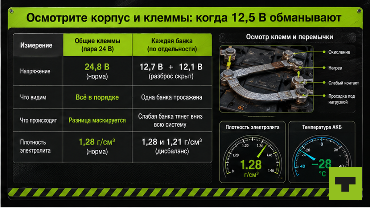 Таблица: почему 12,5 В на общих клеммах 24 В обманывают при осмотре АКБ