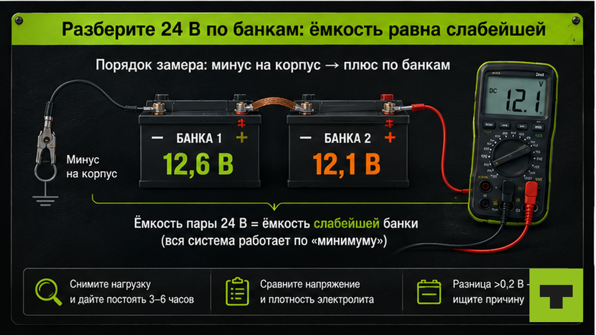 Схема замера каждой 12-вольтовой банки в паре 24 В мультиметром