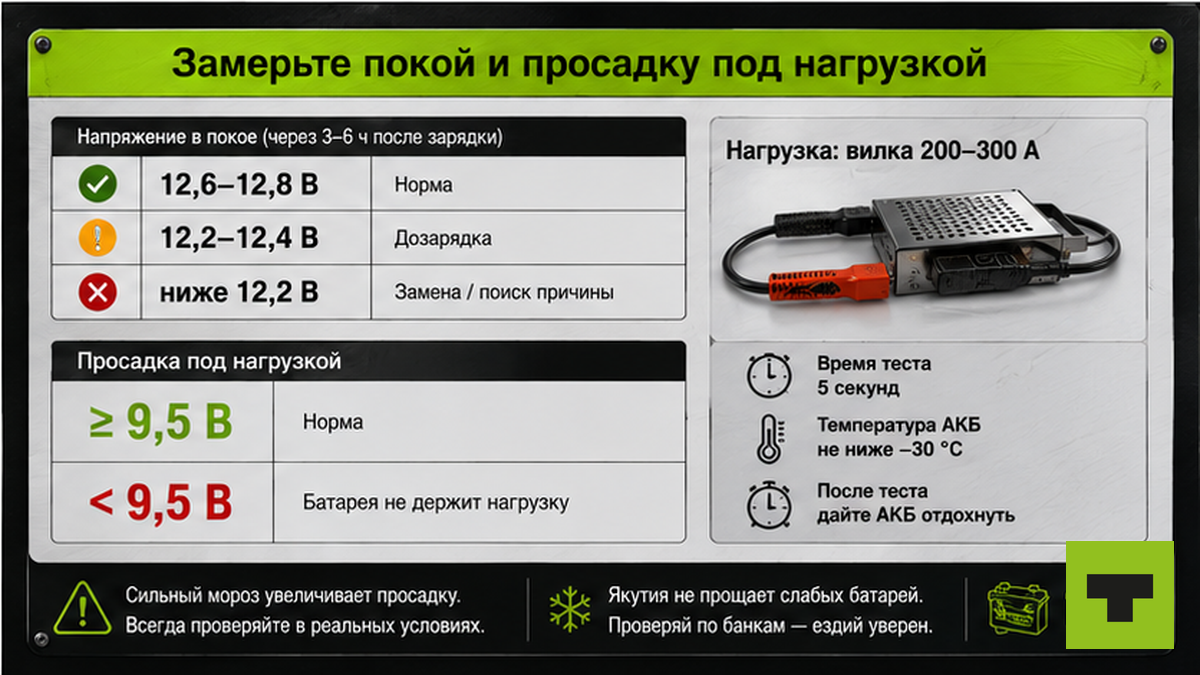 Чеклист норм напряжения АКБ грузовика в покое и под нагрузкой зимой