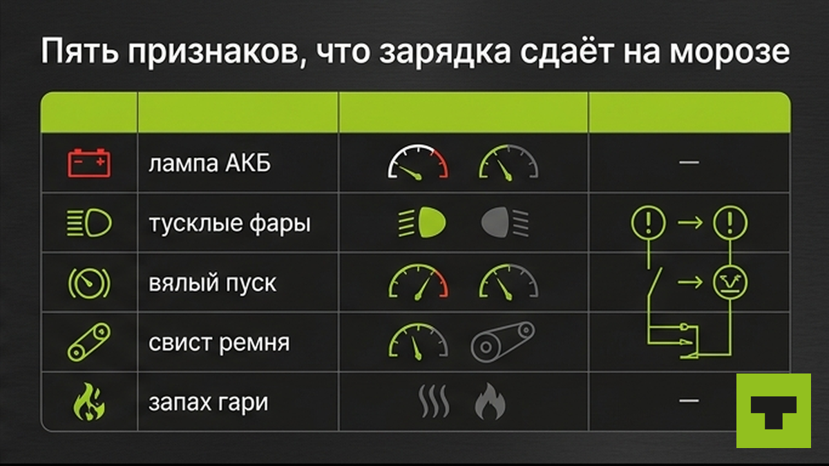 Таблица пяти признаков слабой зарядки генератора на морозе