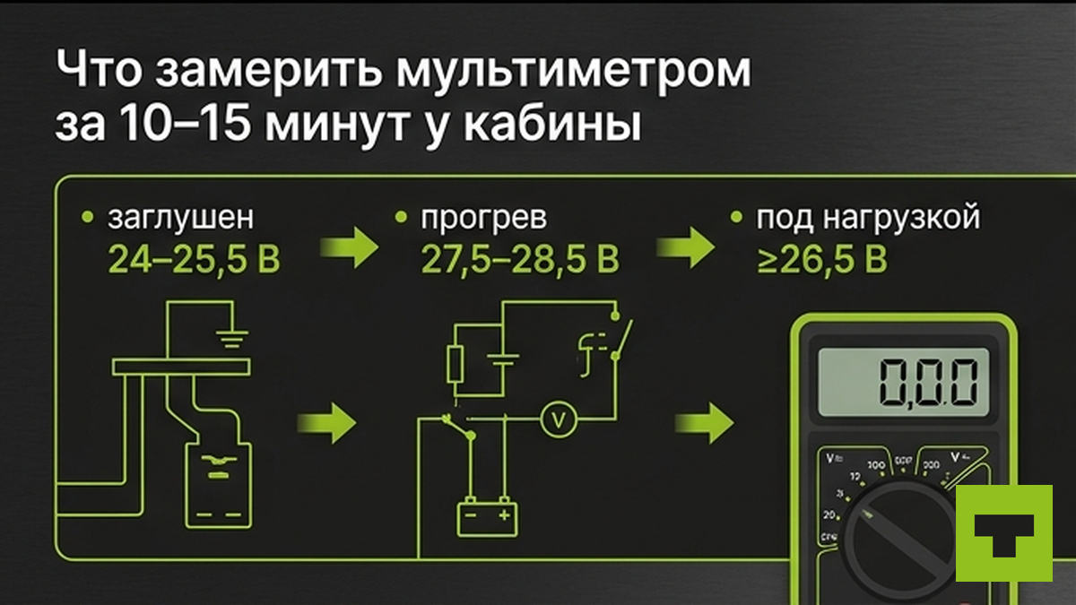 Схема трёх замеров напряжения мультиметром у кабины грузовика