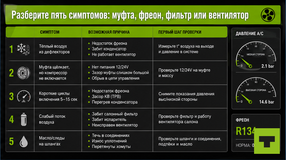 Таблица пяти симптомов неисправности кондиционера грузовика: муфта, фреон, фильтр, вентилятор