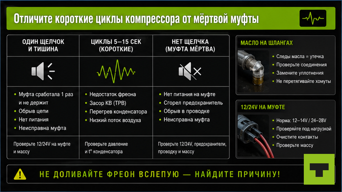 Чеклист: короткие циклы компрессора кондиционера vs мёртвая муфта грузовика