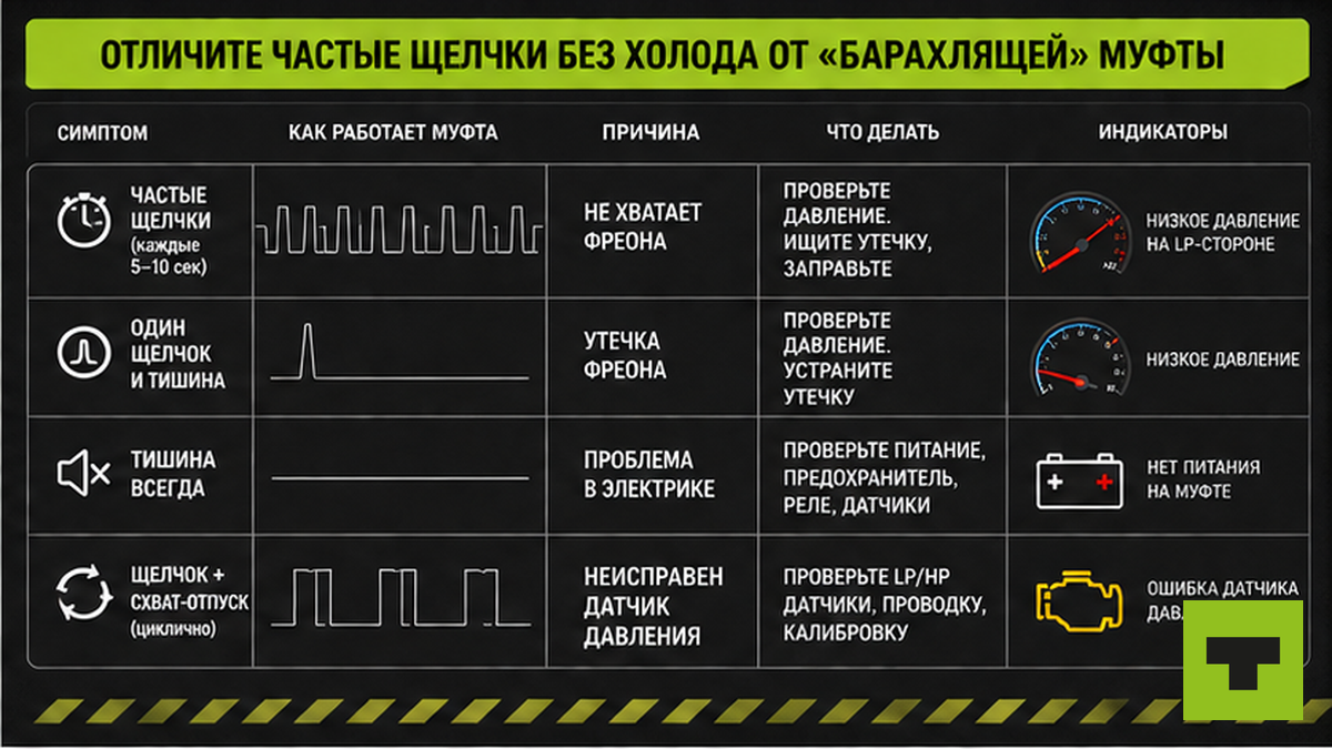 Таблица: щелчки муфты кондиционера vs низкий фреон vs неисправная катушка