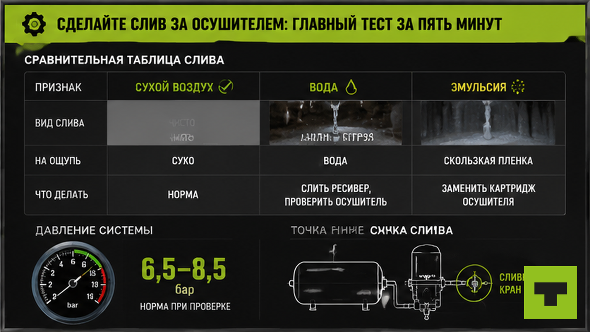 Таблица: что значит слив из ресивера за осушителем — норма и тревожные признаки