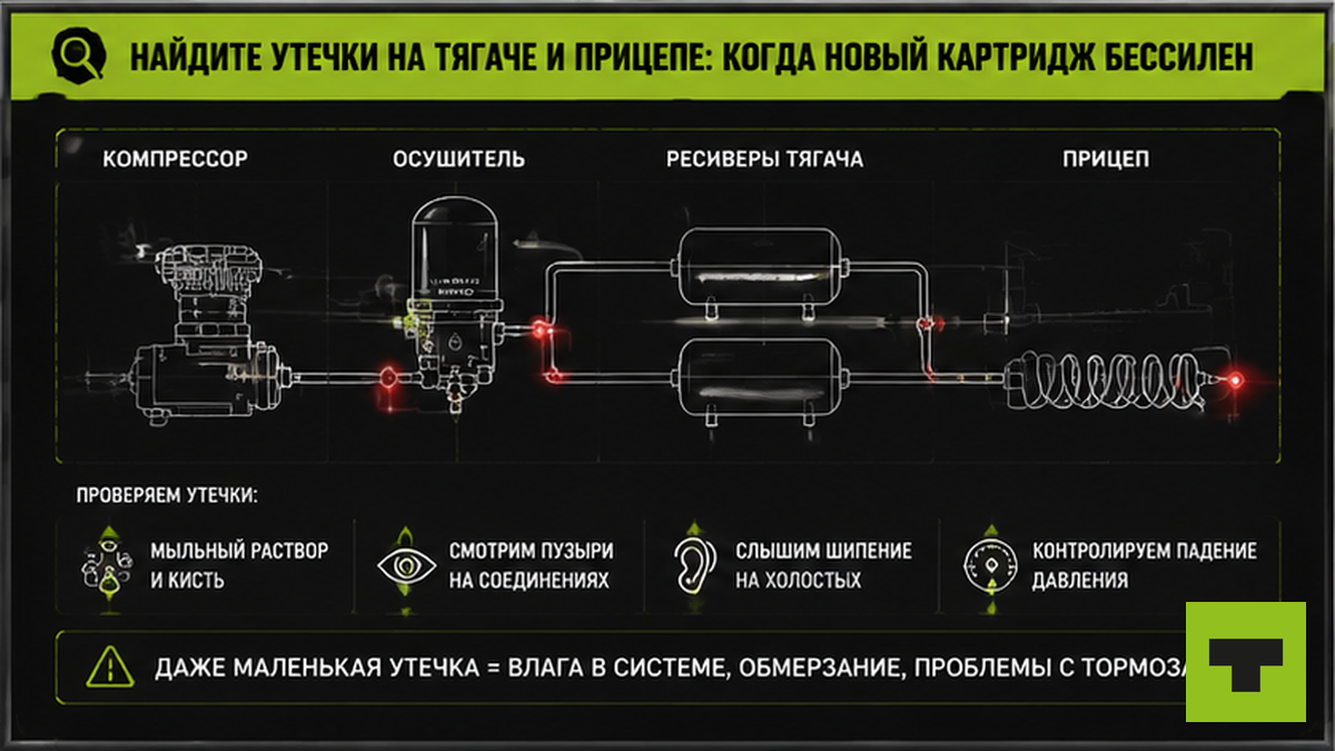 Схема поиска утечек пневмотормозов на тягаче и прицепе до замены картриджа