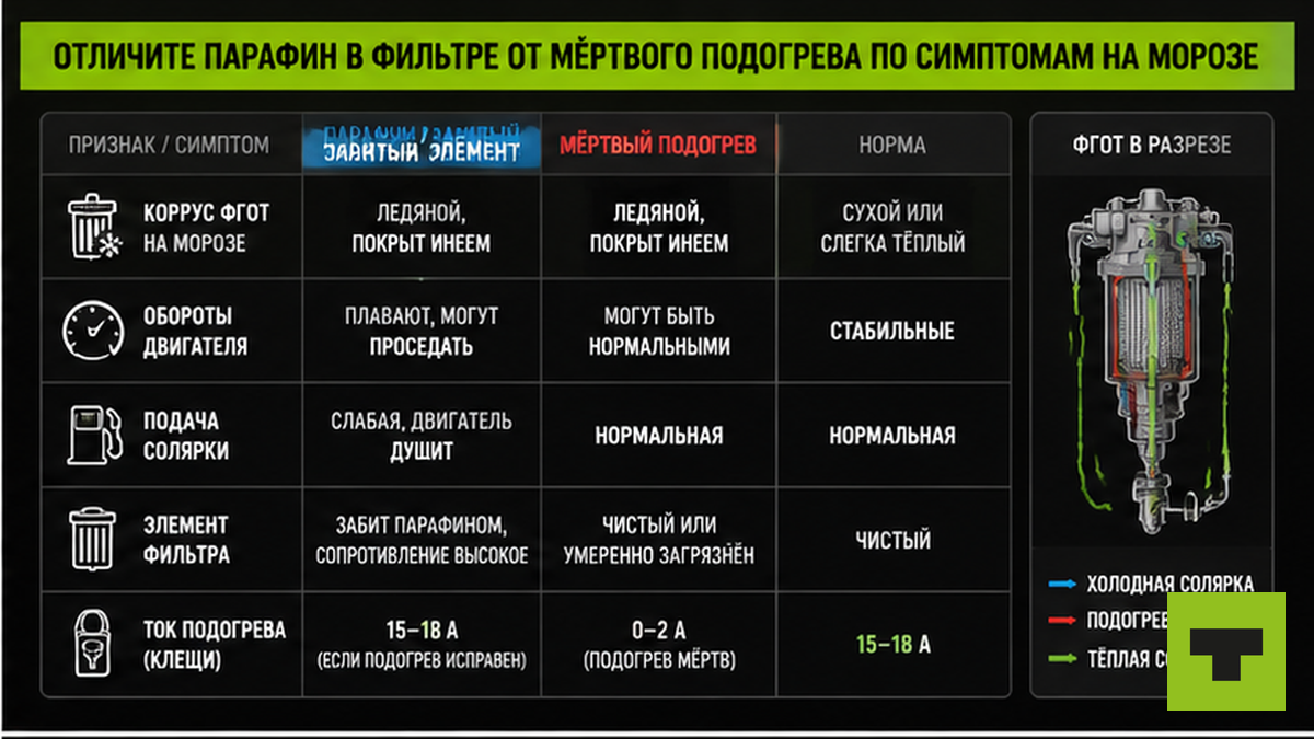 Таблица симптомов: парафин в фильтре или мёртвый подогрев на морозе