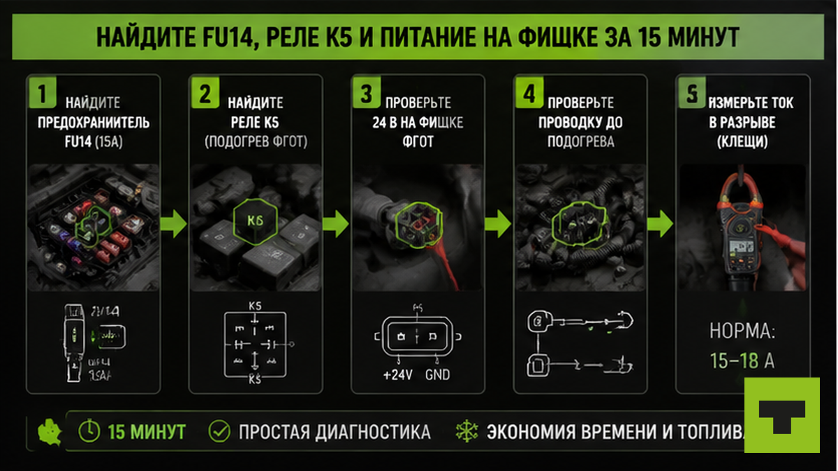 Схема поиска FU14, реле K5 и питания на фишке нагревателя