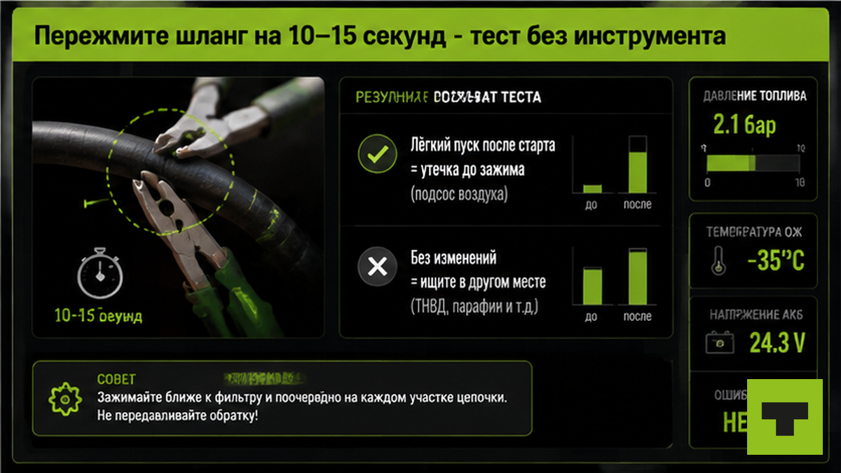 Тест пережатием шланга 10–15 секунд для диагностики подсоса воздуха без стенда