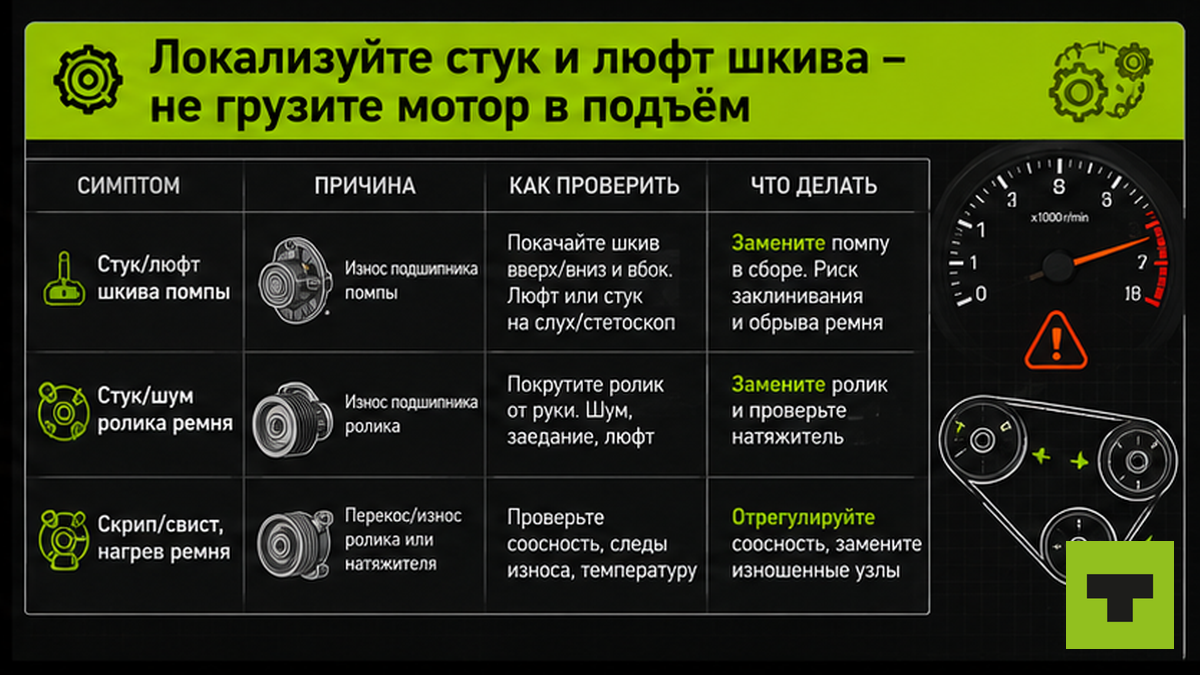 Таблица диагностики: стук и люфт шкива помпы — отличить от ролика ремня