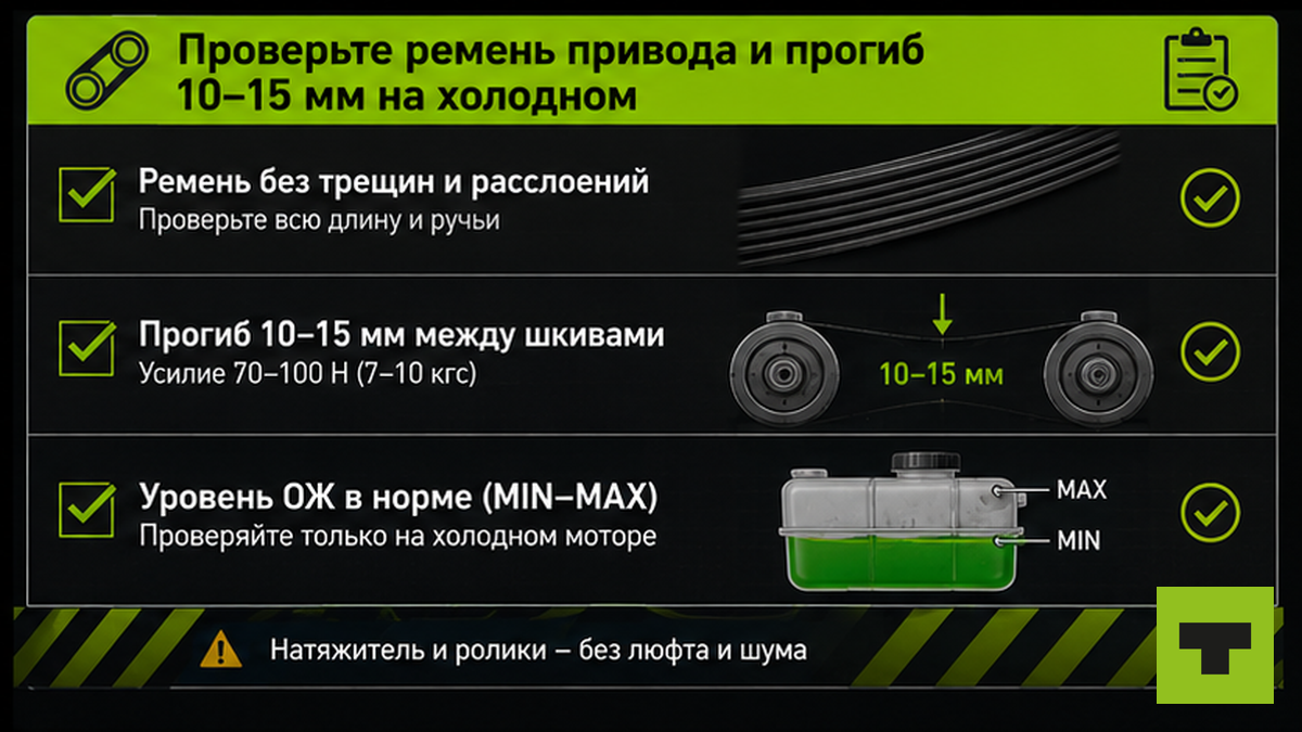 Чеклист проверки ремня помпы и прогиба 10–15 мм на холодном моторе