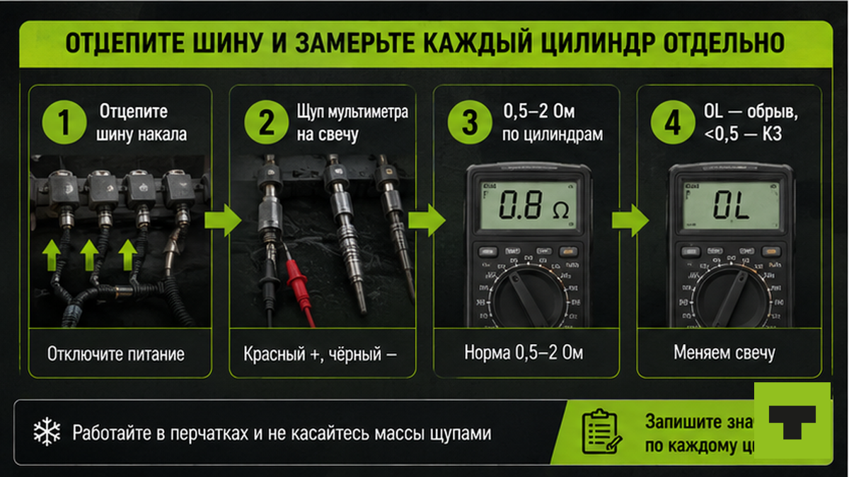Схема замера сопротивления каждой свечи накала отдельно мультиметром
