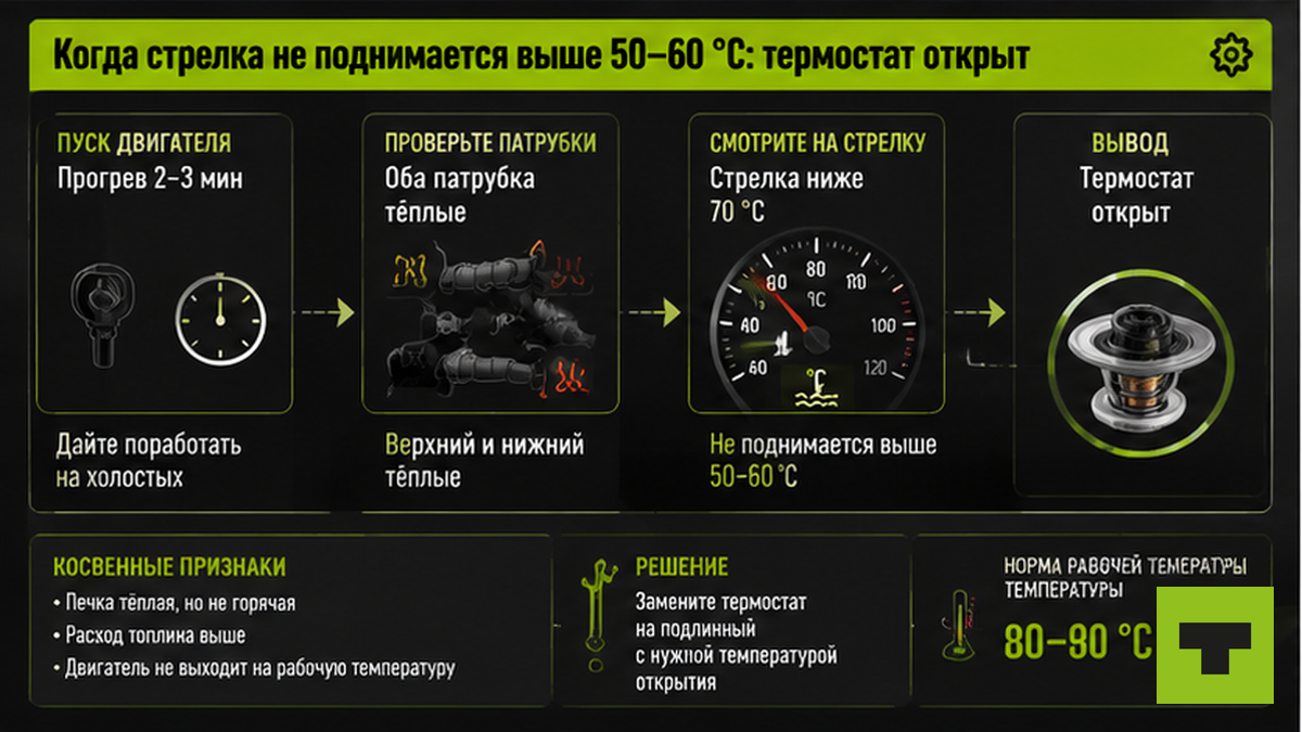 Workflow: признаки открытого термостата — оба патрубка тёплые, стрелка не растёт