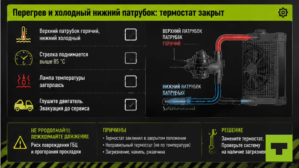 Чеклист: закрытый термостат — горячий верх, холодный низ, глушить мотор