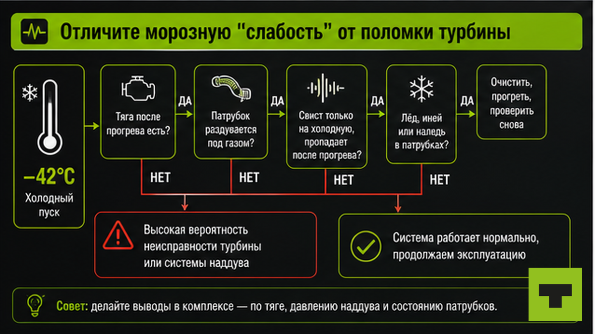 Схема отличия морозной слабости от поломки турбины на грузовике