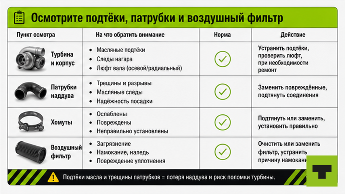 Чеклист осмотра подтёков, патрубков и воздушного фильтра турбины