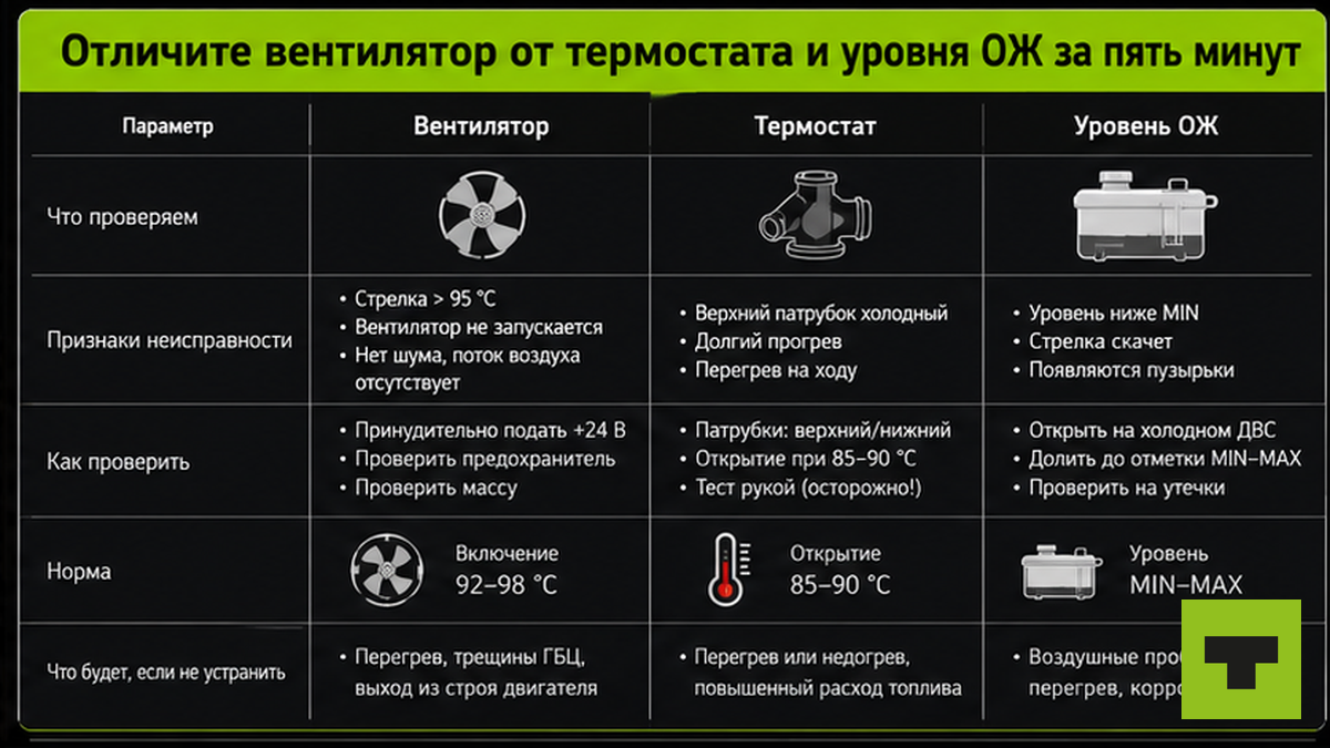 Таблица отличия вентилятора от термостата и уровня охлаждающей жидкости за пять минут