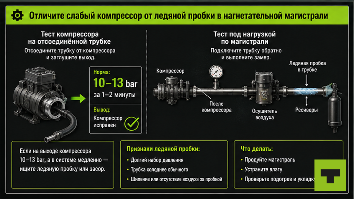 Схема отличия слабого компрессора от ледяной пробки в нагнетательной магистрали