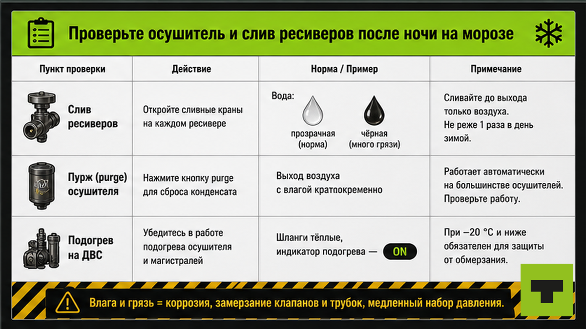 Чеклист проверки осушителя и слива ресиверов пневмосистемы зимой
