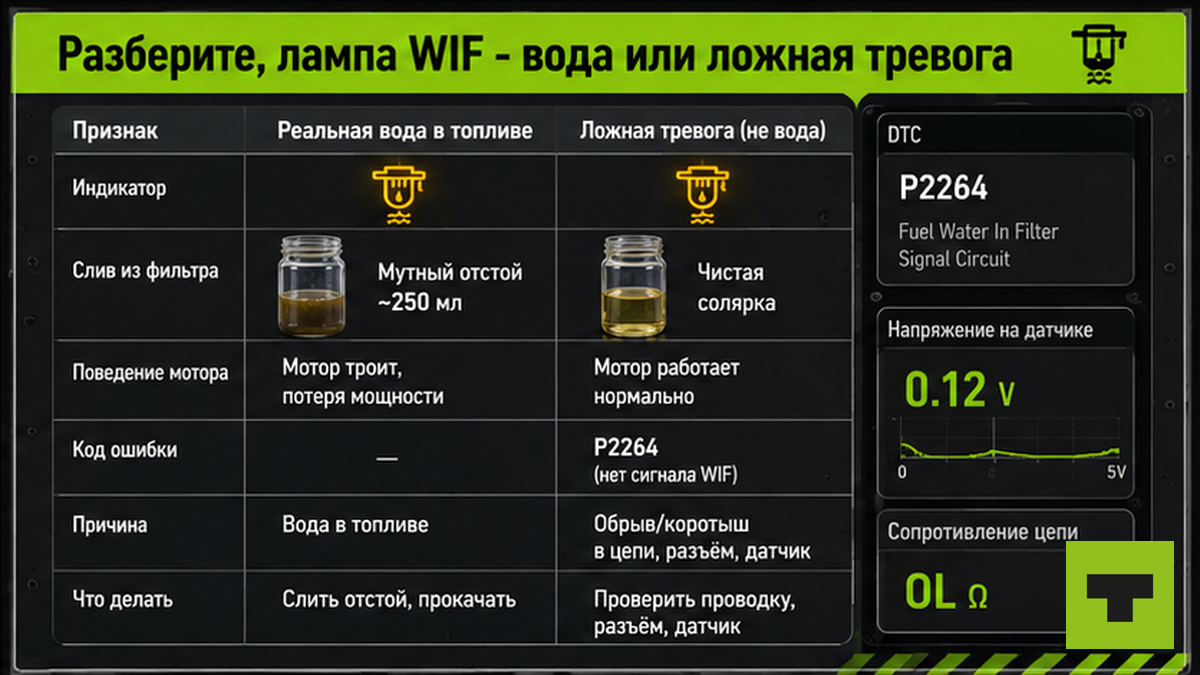 Таблица: лампа WIF — реальная вода в топливе или ложная тревога датчика