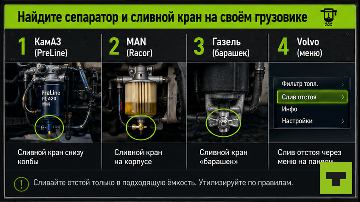 Схема: где найти сепаратор и сливной кран на КамАЗ, MAN, Газель и Volvo