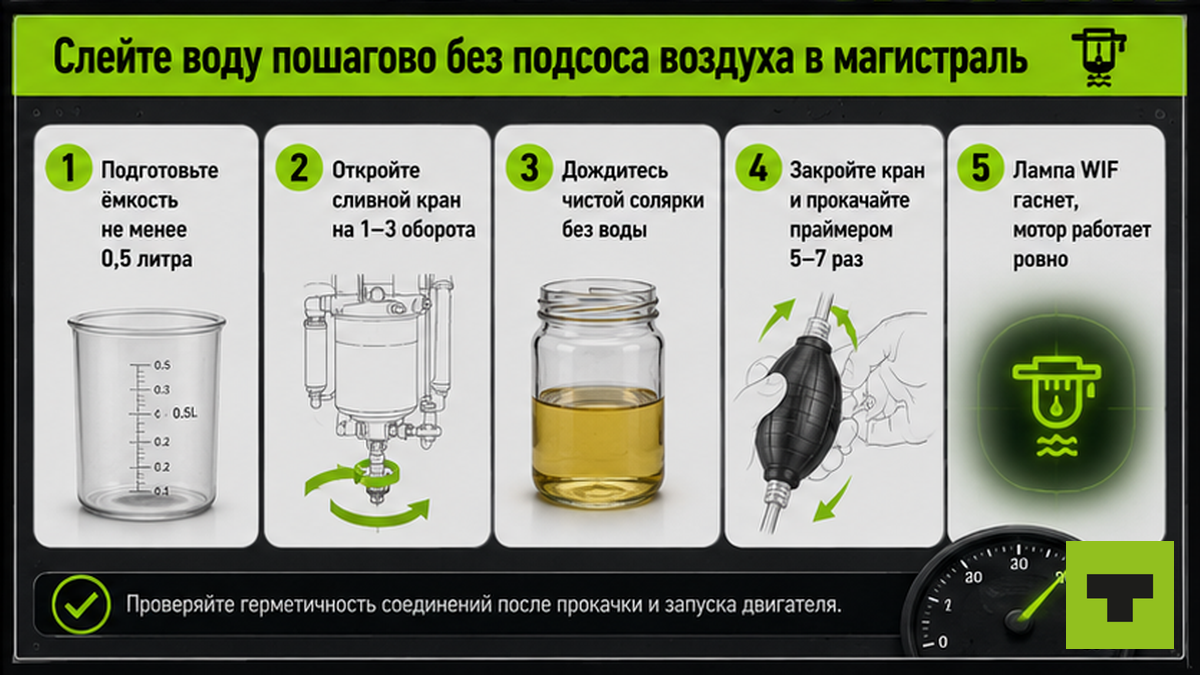 Чеклист пошагового слива воды из топливного фильтра без подсоса воздуха