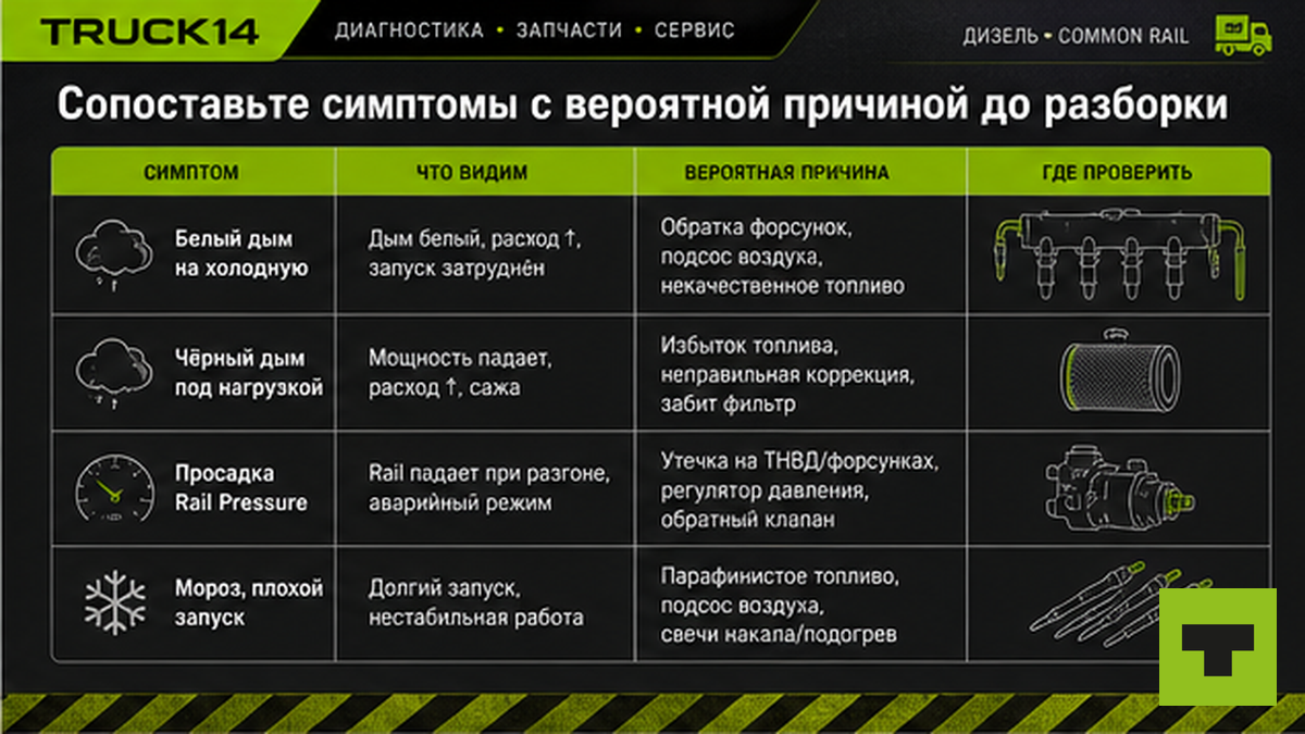 Таблица: симптомы дизельного грузовика и вероятная причина форсунок до разборки