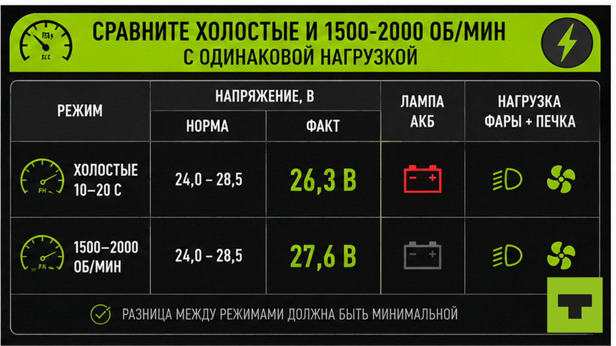 Сравнение напряжения на холостых и на 1500-2000 об/мин при одинаковой нагрузке