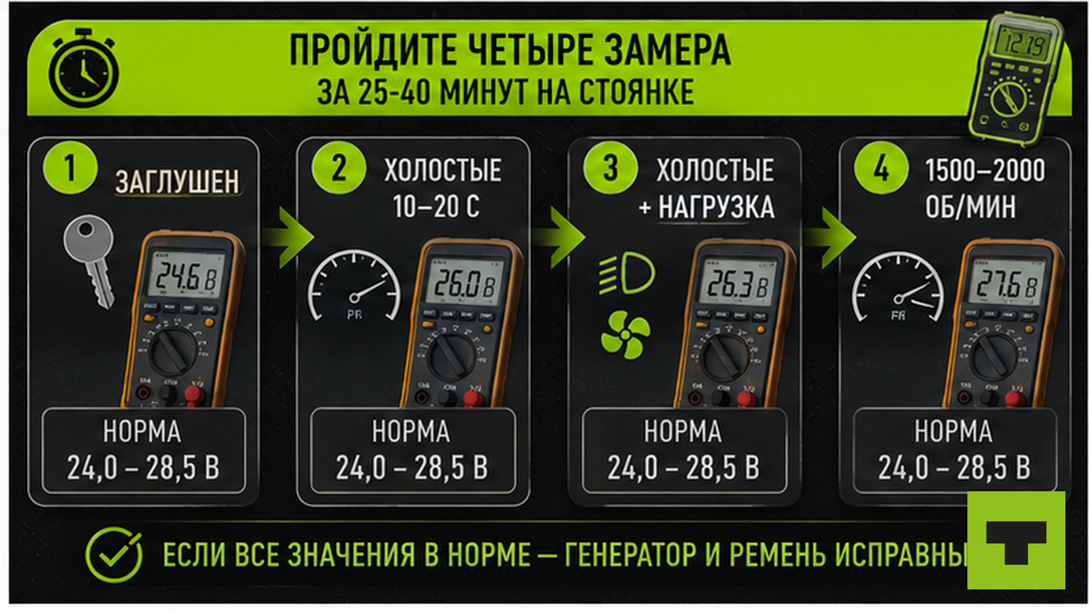 Workflow четырёх замеров мультиметром на стоянке за 25-40 минут