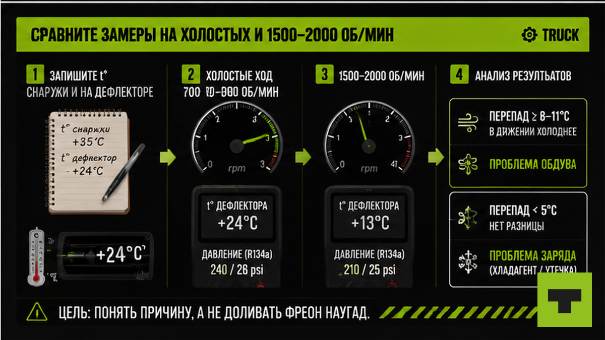 Схема замеров t° на холостых и 1500-2000 об/мин: две строки блокнота и ветка диагностики