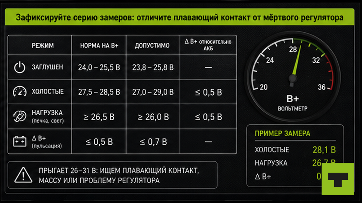 Таблица норм замеров напряжения генератора: заглушен, прогрев, нагрузка, падение на B+