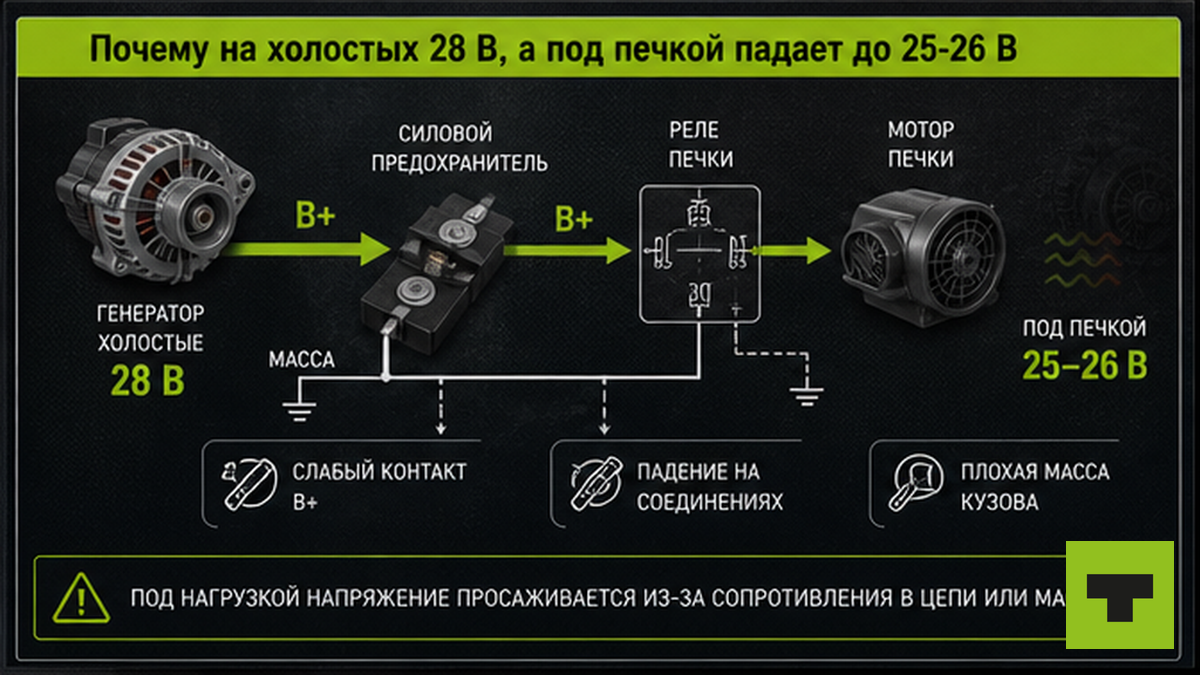 Схема: почему напряжение падает под нагрузкой печки — жгут B+ и масса