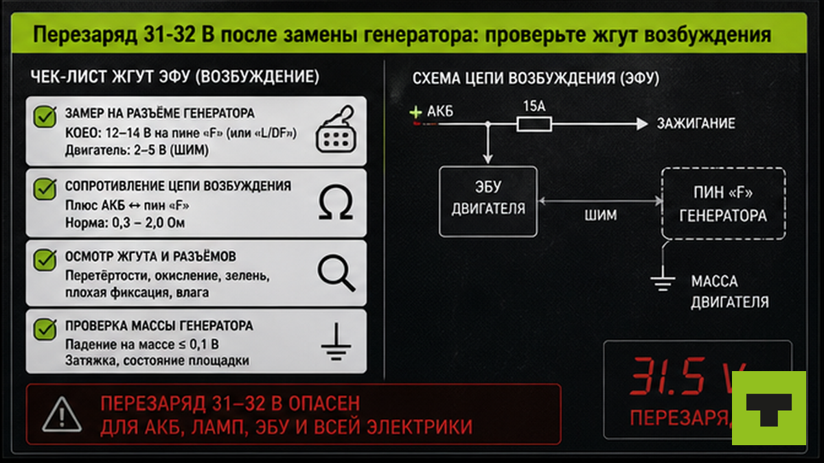 Чеклист проверки жгута возбуждения при перезаряде 31–32 В после замены генератора
