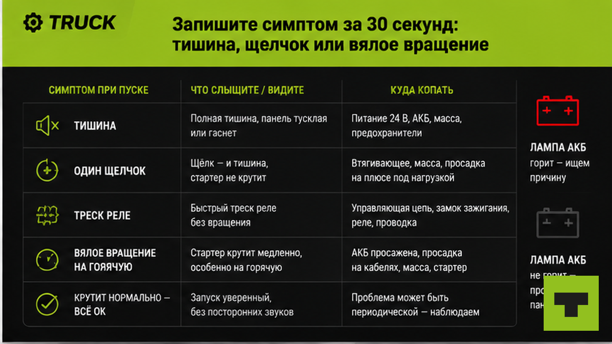 Таблица симптомов стартера: тишина, щелчок, вялое вращение — куда копать дальше
