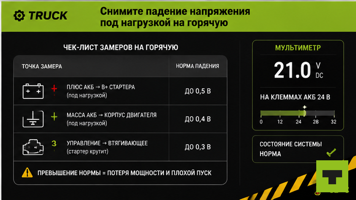Чеклист падения напряжения на стартере 24 В при прогретом моторе