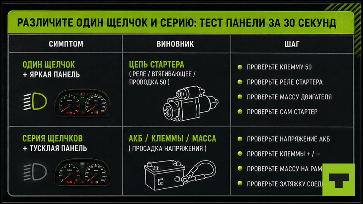 Таблица: один щелчок при яркой панели vs серия щелчков при тусклой — тест за 30 секунд